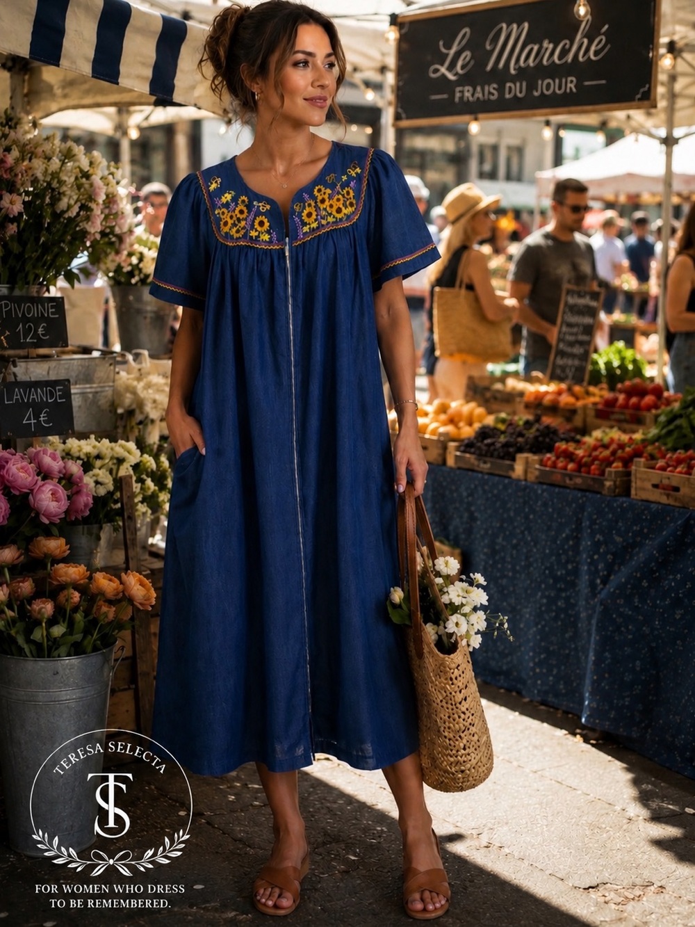 Go Softly Embroidered Denim Midi Dress Sunflower Bee Cottagecore Zip